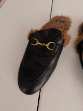 black leather slides