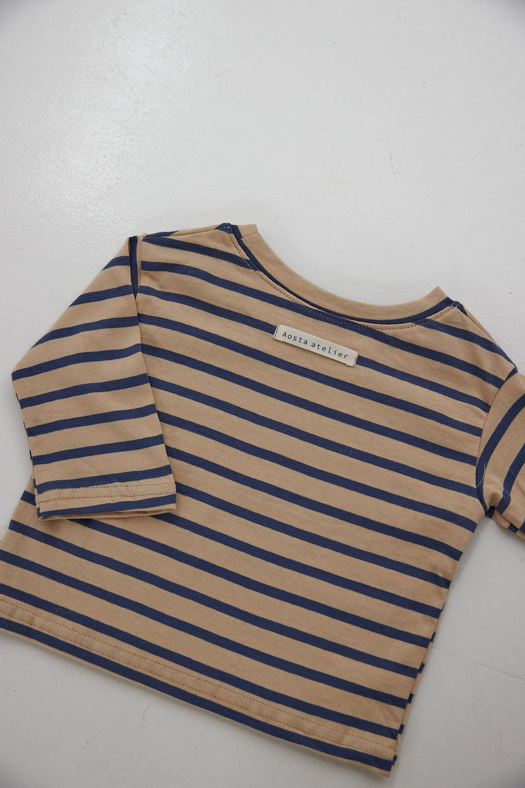 navy and beige stripe tee shirt