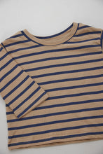 navy and beige stripe tee shirt